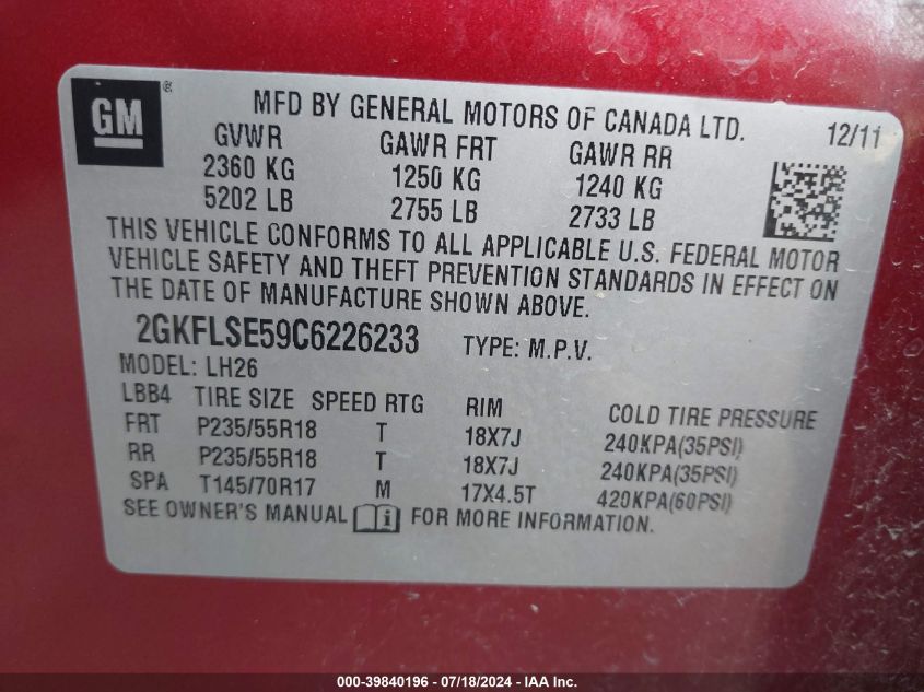 2012 GMC Terrain Sle-2 VIN: 2GKFLSE59C6226233 Lot: 39840196