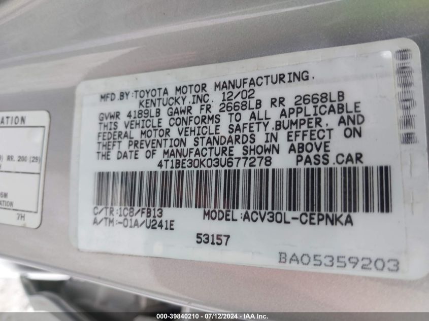 2003 Toyota Camry Le VIN: 4T1BE30K03U677278 Lot: 39840210