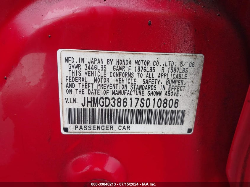 2007 Honda Fit Sport VIN: JHMGD38617S010806 Lot: 39840213