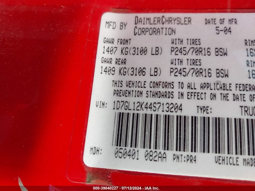 2004 Dodge Dakota Sxt VIN: 1D7GL12K44S713204 Lot: 39840227