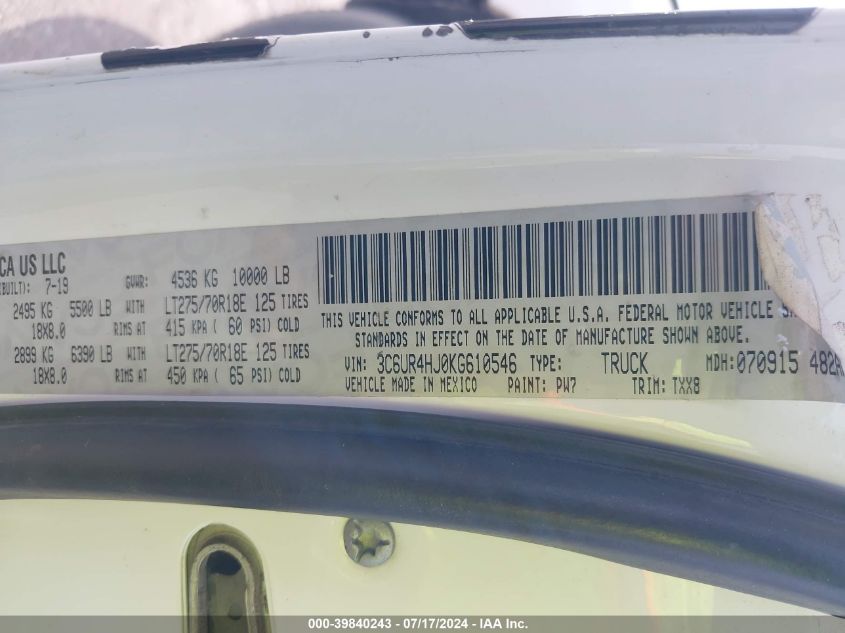 2019 Ram 2500 Tradesman VIN: 3C6UR4HJ0KG610546 Lot: 39840243
