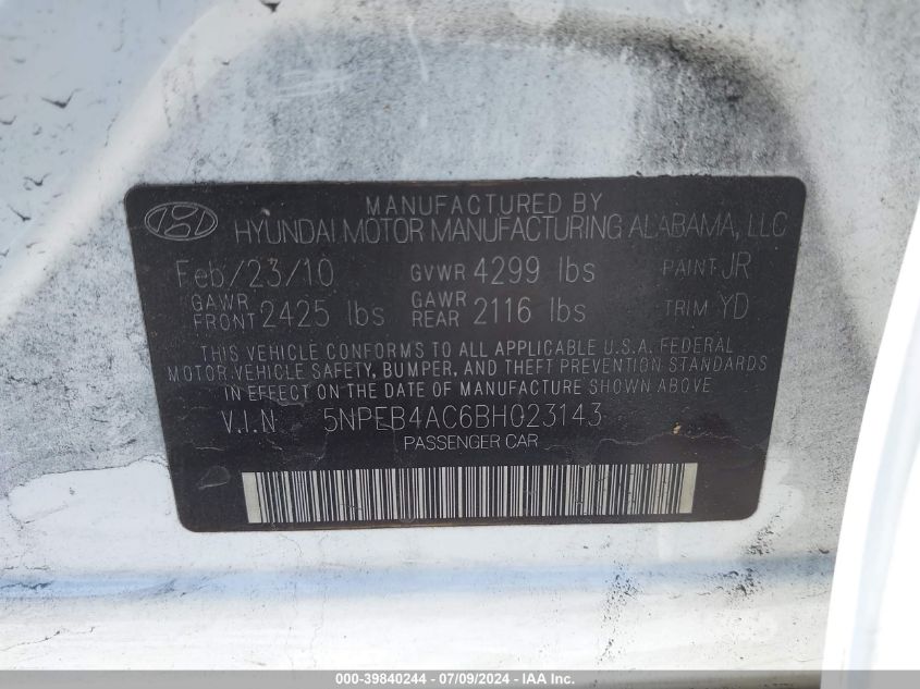 2011 Hyundai Sonata Gls VIN: 5NPEB4AC6BH023143 Lot: 39840244