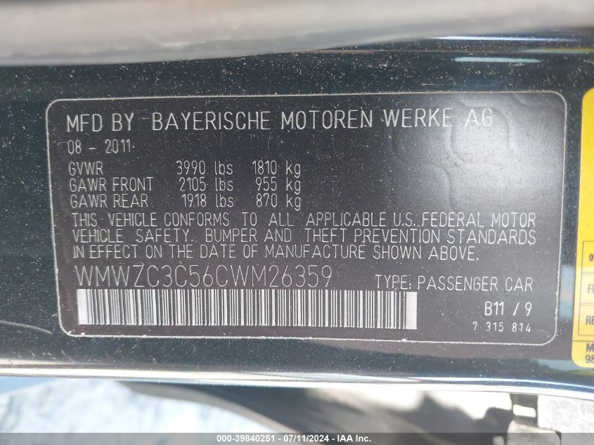 2012 Mini Cooper S Countryman VIN: WMWZC3C56CWM26359 Lot: 39840251