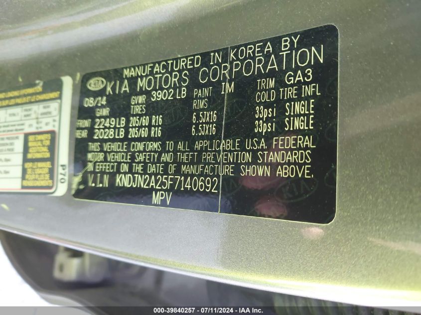2015 Kia Soul VIN: KNDJN2A25F7140692 Lot: 39840257