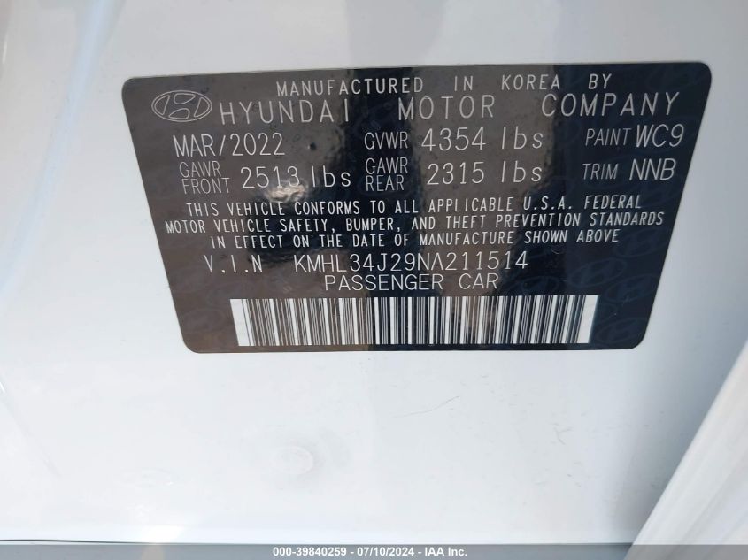 2022 Hyundai Sonata Limited VIN: KMHL34J29NA211514 Lot: 39840259