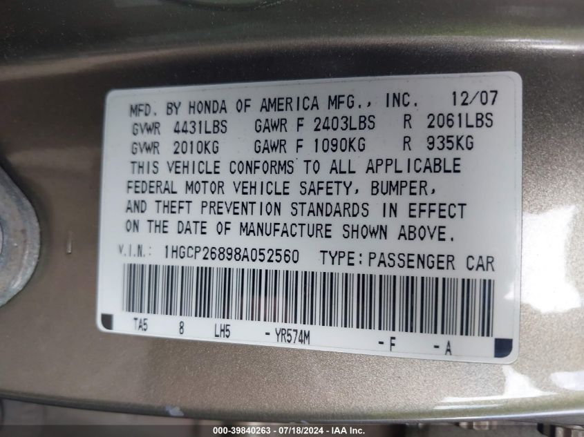 1HGCP26898A052560 2008 Honda Accord 2.4 Ex-L