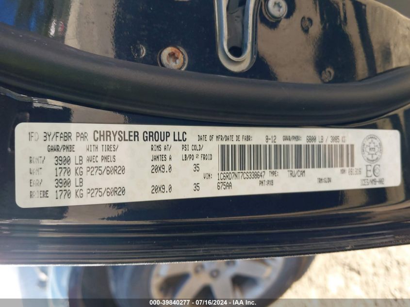 2012 Ram 1500 Laramie VIN: 1C6RD7NT7CS338647 Lot: 39840277