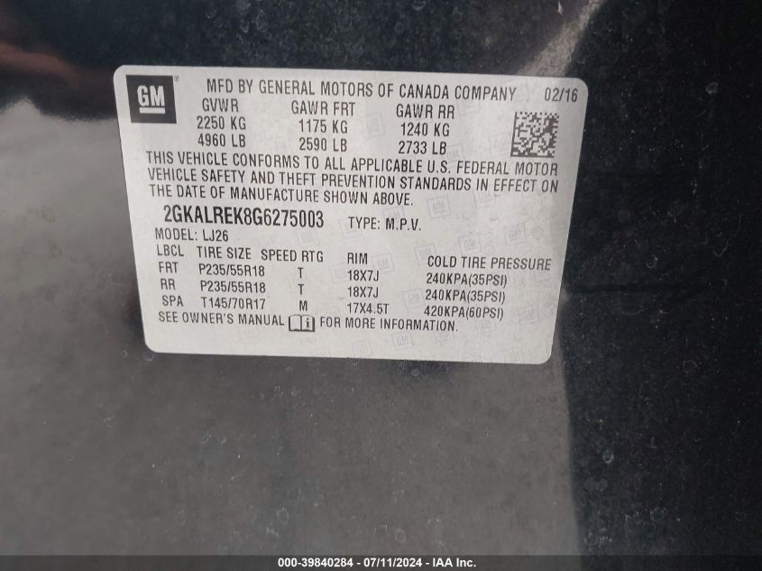 2016 GMC Terrain Denali VIN: 2GKALREK8G6275003 Lot: 39840284
