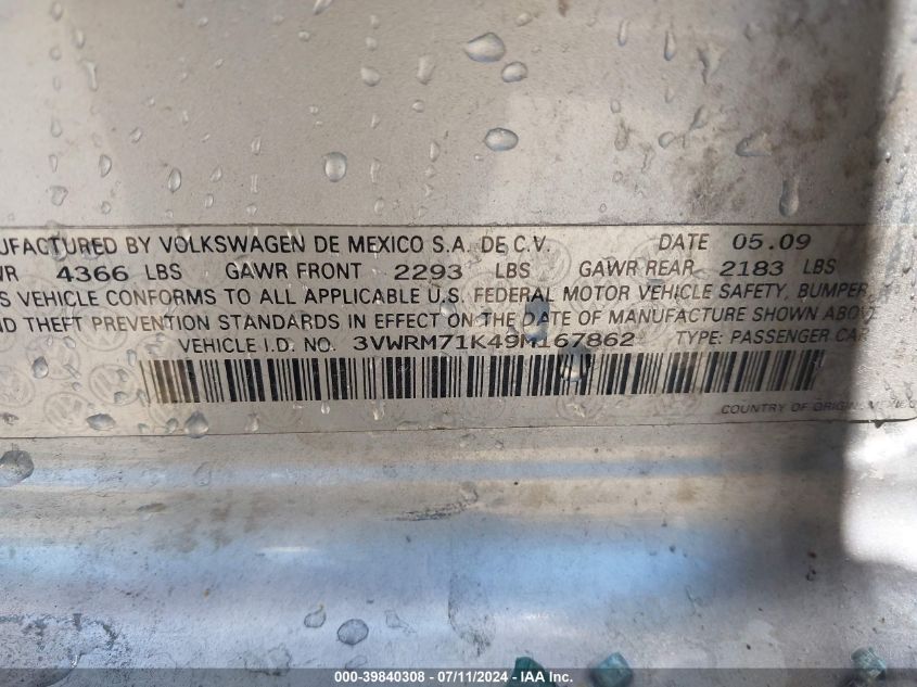 2009 Volkswagen Jetta Se VIN: 3VWRM71K49M167862 Lot: 39840308