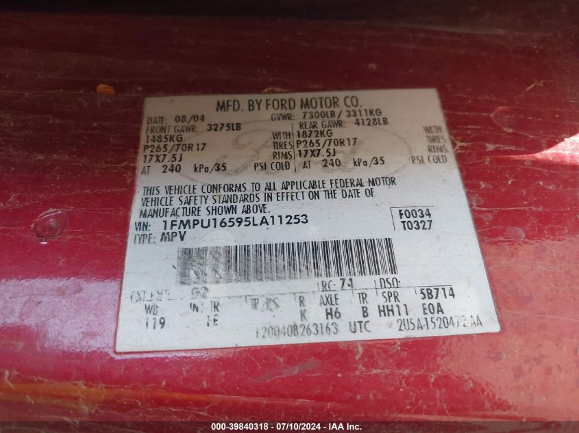 2005 Ford Expedition Nbx/Xlt VIN: 1FMPU16595LA11253 Lot: 39840318