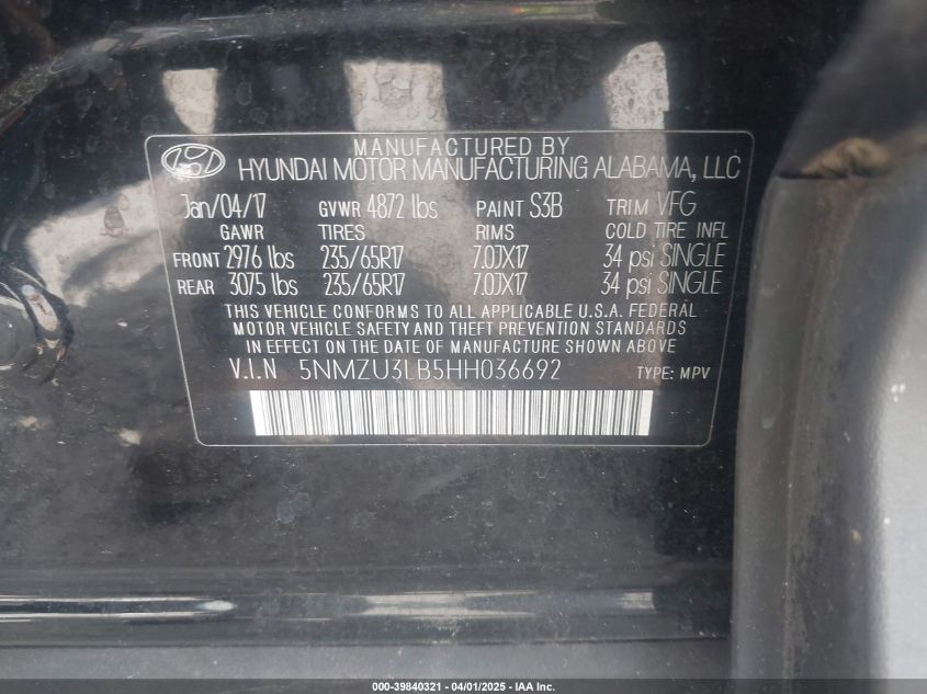 2017 Hyundai Santa Fe Sport 2.4L VIN: 5NMZU3LB5HH036692 Lot: 39840321