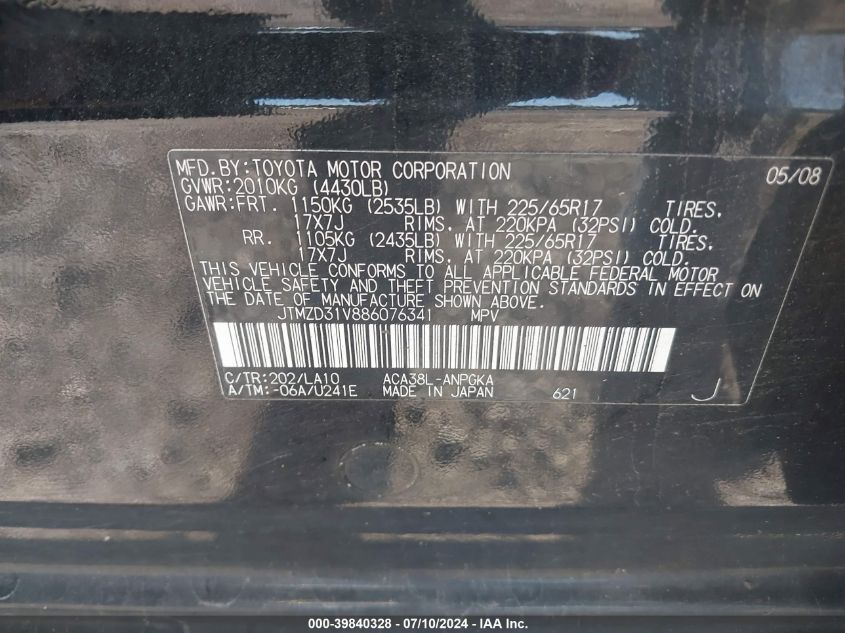 2008 Toyota Rav4 Limited VIN: JTMZD31V886076341 Lot: 39840328