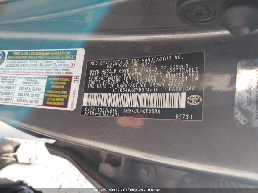 2007 Toyota Camry Hybrid VIN: 4T1BB46K67U014616 Lot: 39840332