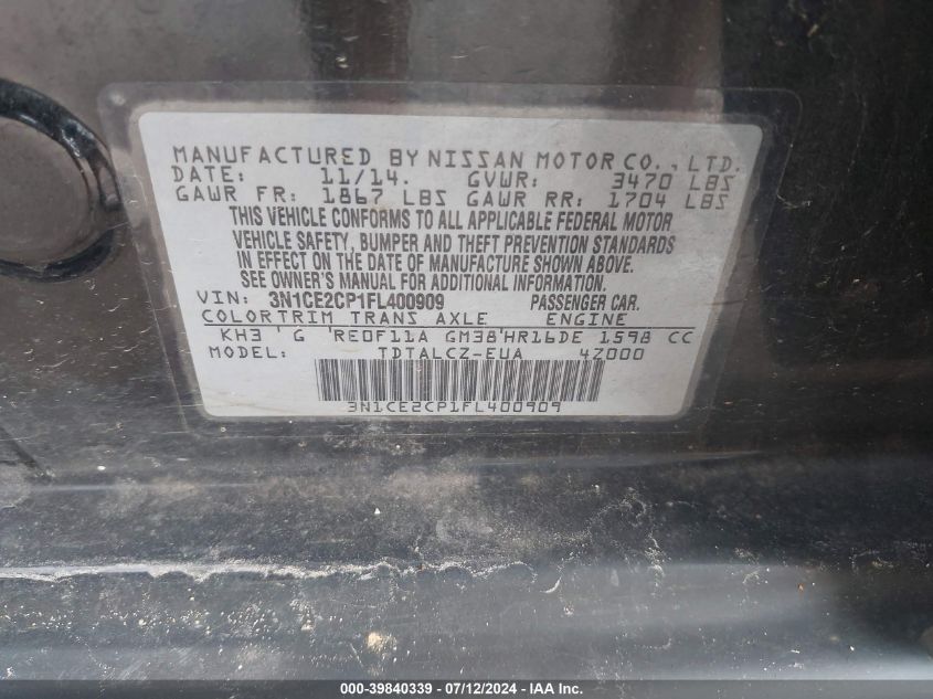 2015 Nissan Versa Note S Plus VIN: 3N1CE2CP1FL400909 Lot: 39840339