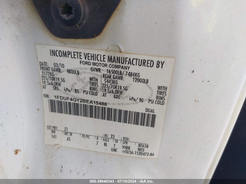 2011 Ford F-450 Chassis Xl VIN: 1FDUF4GY2BEA15488 Lot: 39840343