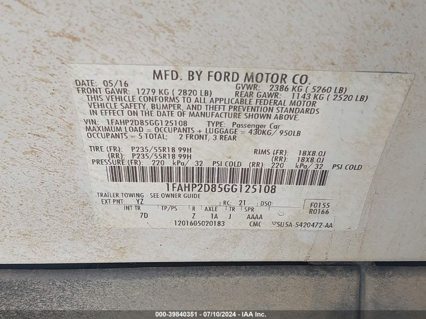 2016 Ford Taurus Se VIN: 1FAHP2D85GG125108 Lot: 39840351