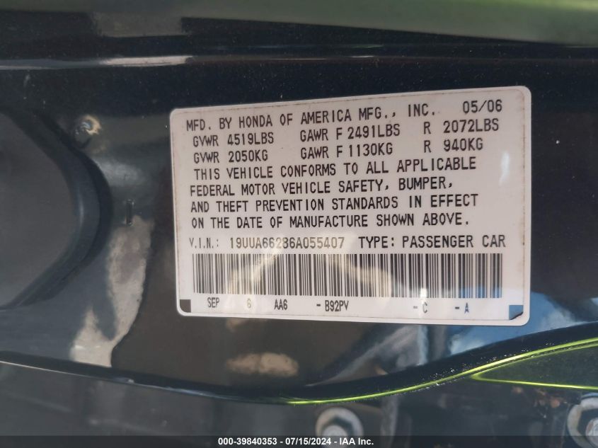 2006 Acura Tl VIN: 19UUA66286A055407 Lot: 39840353