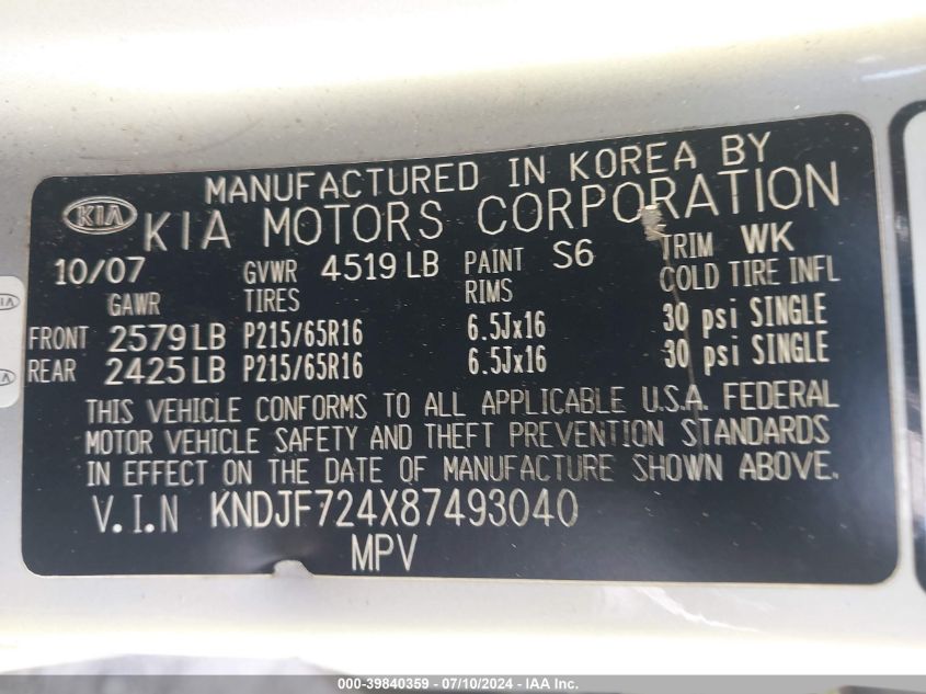 2008 Kia Sportage Lx VIN: KNDJF724X87493040 Lot: 39840359