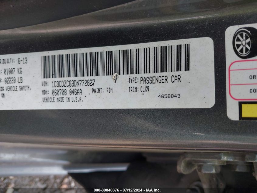 2013 Dodge Avenger Sxt VIN: 1C3CDZCG3DN772827 Lot: 39840376