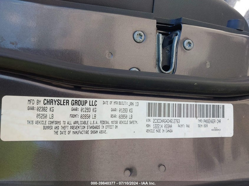 2013 Dodge Charger Police VIN: 2C3CDXAG4DH612763 Lot: 39840377