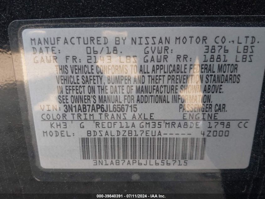 2018 Nissan Sentra Sv VIN: 3N1AB7AP6JL656715 Lot: 39840391