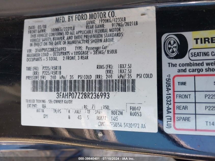 2008 Ford Fusion Se VIN: 3FAHP07Z28R236993 Lot: 39840401