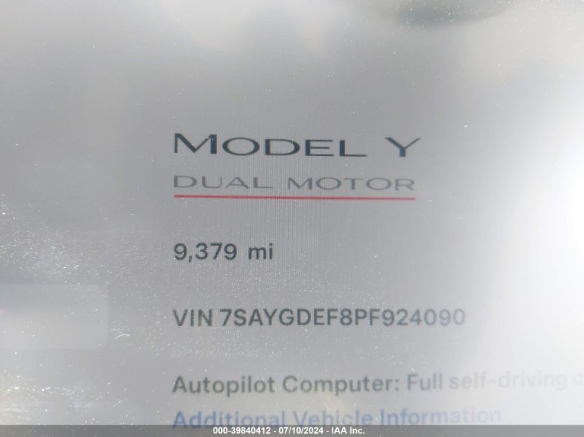 2023 Tesla Model Y Awd/Performance Dual Motor All-Wheel Drive VIN: 7SAYGDEF8PF924090 Lot: 39840412