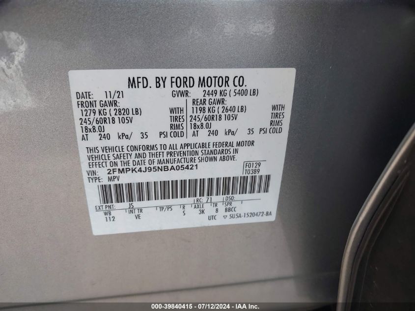 2022 Ford Edge Sel VIN: 2FMPK4J95NBA05421 Lot: 39840415