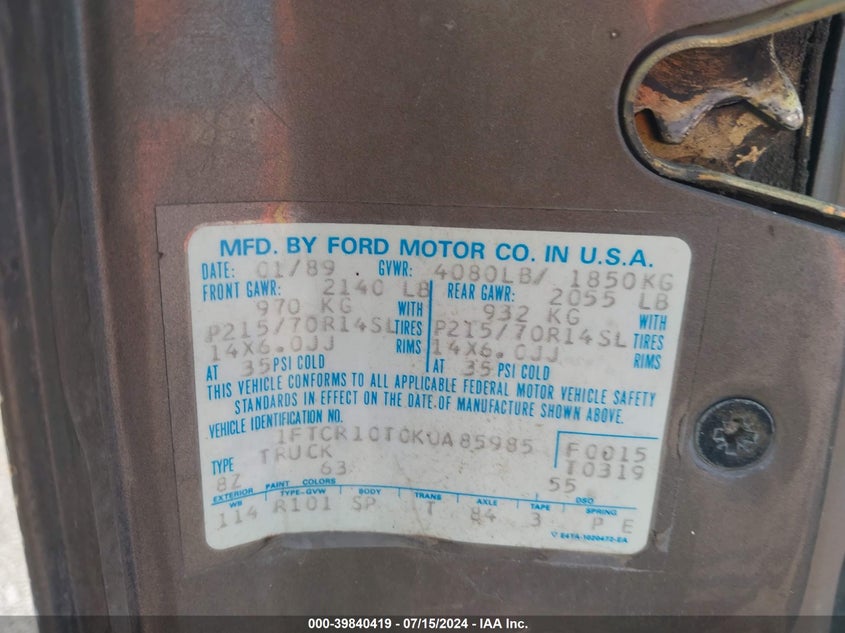 1989 Ford Ranger VIN: 1FTCR10T0KUA85985 Lot: 39840419