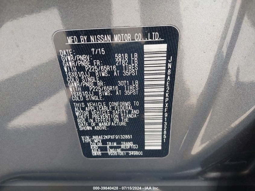 2015 Nissan Quest Platinum/S/Sl/Sv VIN: JN8AE2KPXF9132851 Lot: 39840428