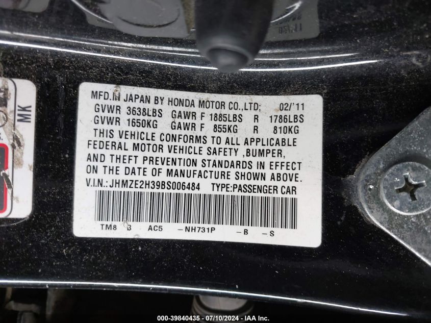 2011 Honda Insight VIN: JHMZE2H39BS006484 Lot: 39840435