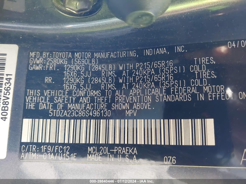 2006 Toyota Sienna Ce/Le VIN: 5TDZA23C86S496130 Lot: 39840446