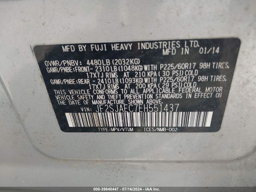 2014 Subaru Forester 2.5I Premium VIN: JF2SJAEC7EH551437 Lot: 39840447