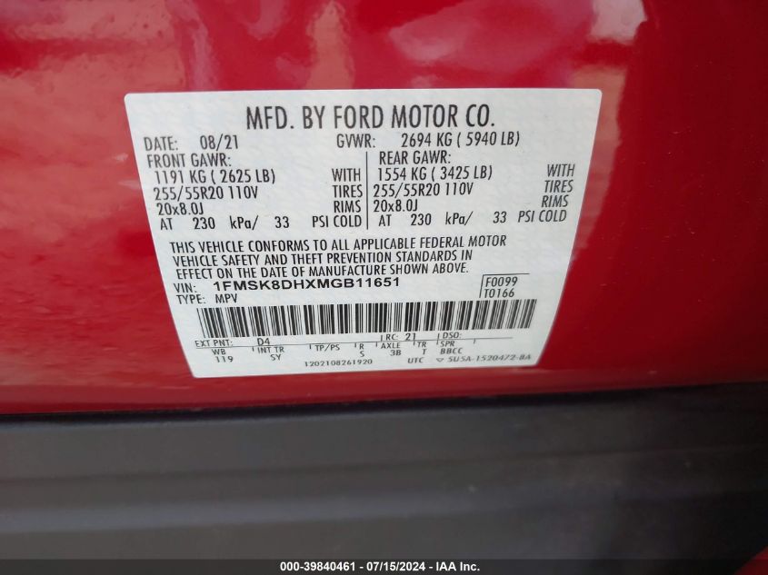 2021 Ford Explorer Xlt VIN: 1FMSK8DHXMGB11651 Lot: 39840461