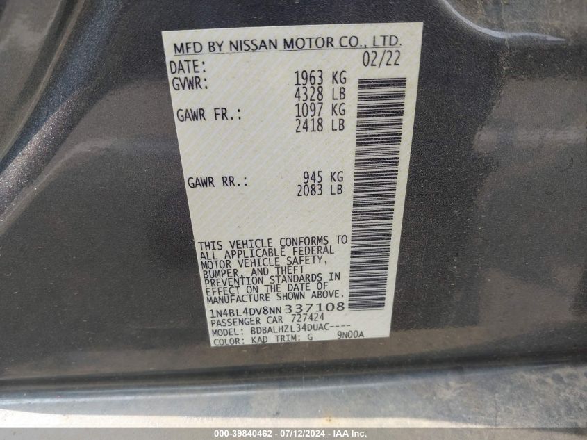 2022 Nissan Altima Sv VIN: 1N4BL4DV8NN337108 Lot: 39840462