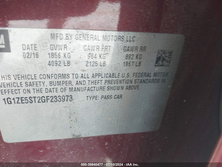 2016 Chevrolet Malibu 1Lt VIN: 1G1ZE5ST2GF233973 Lot: 39840477