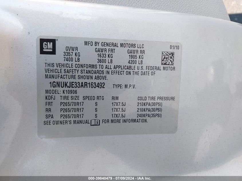 2010 Chevrolet Suburban 1500 Lt1 VIN: 1GNUKJE33AR163492 Lot: 39840479