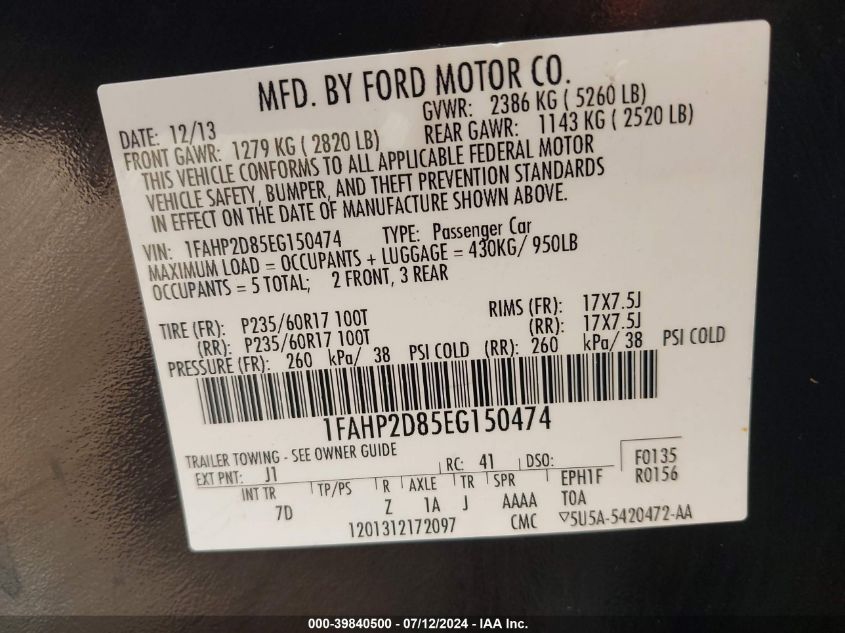 1FAHP2D85EG150474 2014 Ford Taurus Se