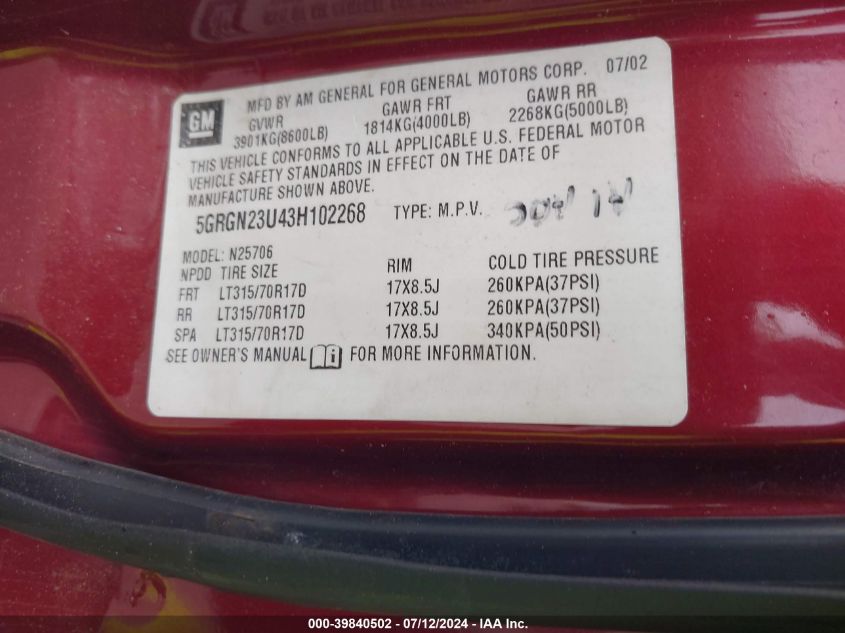 2003 Hummer H2 VIN: 5GRGN23U43H102268 Lot: 39840502