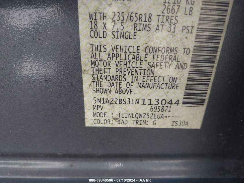 2020 Nissan Murano Sv Intelligent Awd VIN: 5N1AZ2BS3LN113044 Lot: 39840506