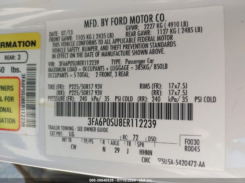 2014 Ford Fusion Energi Titanium VIN: 3FA6P0SU8ER112239 Lot: 39840539