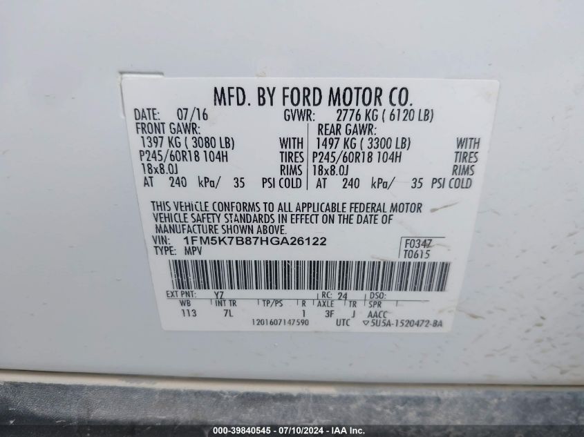 2017 Ford Explorer VIN: 1FM5K7B87HGA26122 Lot: 39840545