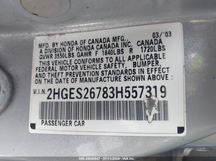2003 Honda Civic Ex VIN: 2HGES26783H557319 Lot: 39840547