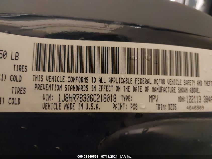 2006 Jeep Grand Cherokee Srt8 VIN: 1J8HR78306C218018 Lot: 39840556