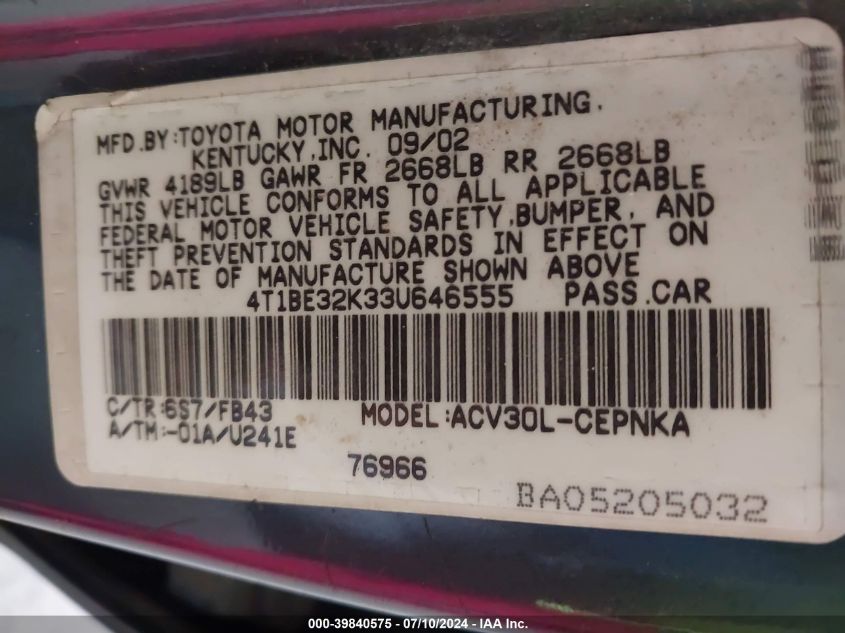 4T1BE32K33U646555 2003 Toyota Camry Le