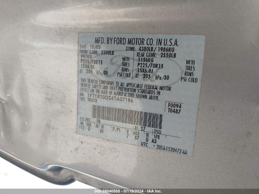 2004 Ford Ranger Xl/Xlt VIN: 1FTYR10D24TA07196 Lot: 39840585