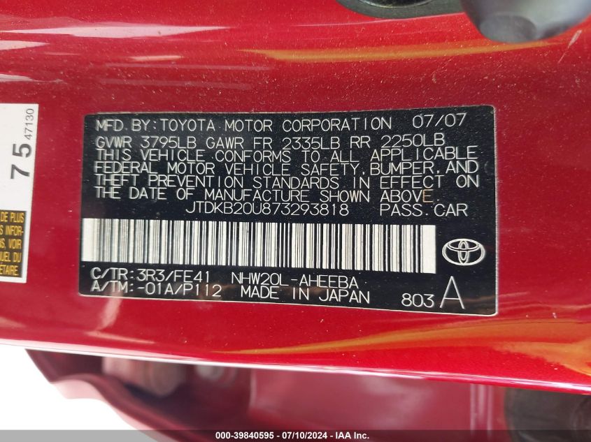 2007 Toyota Prius VIN: JTDKB20U873293818 Lot: 39840595