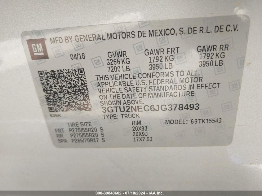 2018 GMC Sierra 1500 Slt VIN: 3GTU2NEC6JG378493 Lot: 39840602