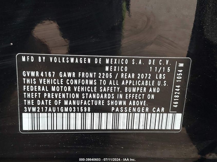 2016 Volkswagen Golf Tsi S 4-Door VIN: 3VW217AU1GM031598 Lot: 39840603
