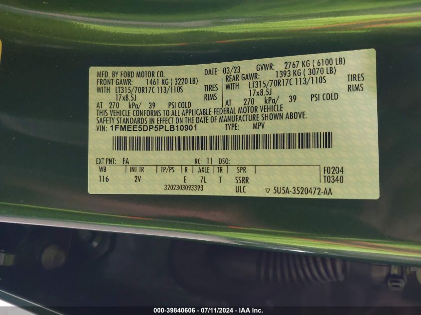 2023 Ford Bronco Outer Banks VIN: 1FMEE5DP5PLB10901 Lot: 39840606